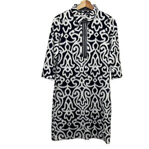 Gretchen Scott Blue & White Ikat Print Dress 3/4 Sleeves & Stand Collar Women's